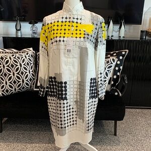 NWT. AKRIS Graphic Dot Print Shirt Dress in White, Black & Yellow. Size 10
